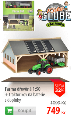Farma dřevěná 1:50 + traktor kov na baterie s doplňky